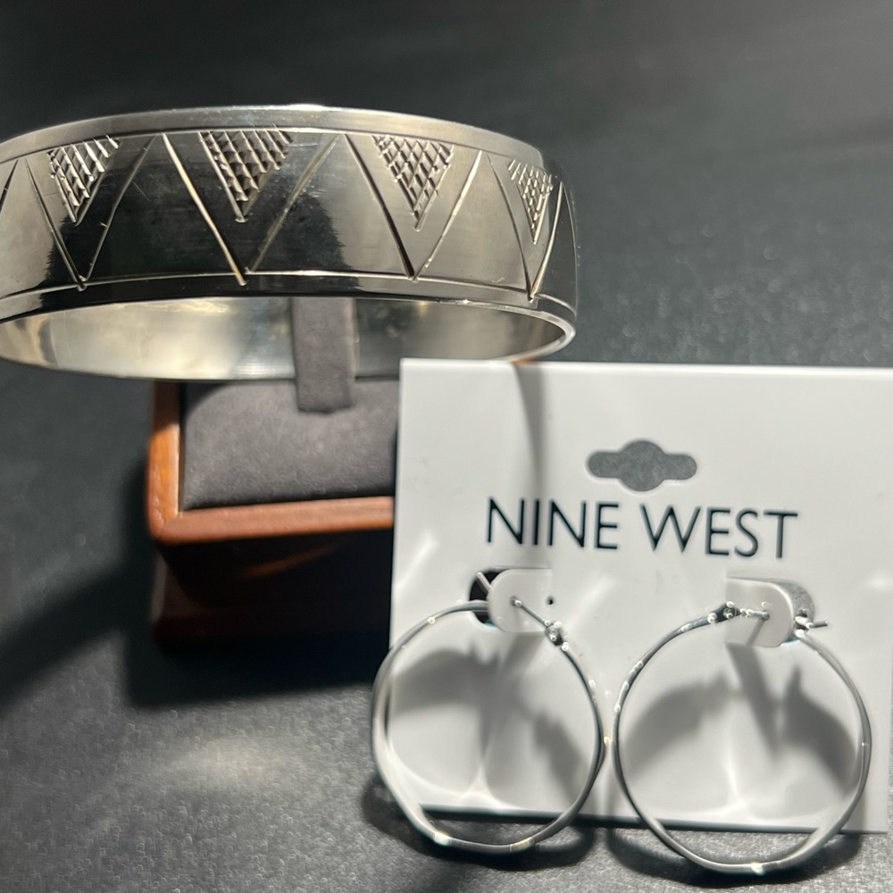 Bundle Nine West Silver Hoop Earrings & Stainless Steel Etched Geometric Bangle